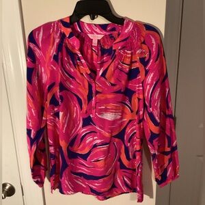 Lilly Pulitzer Elsa Flamingo Long Sleeve top, XS, 100% silk